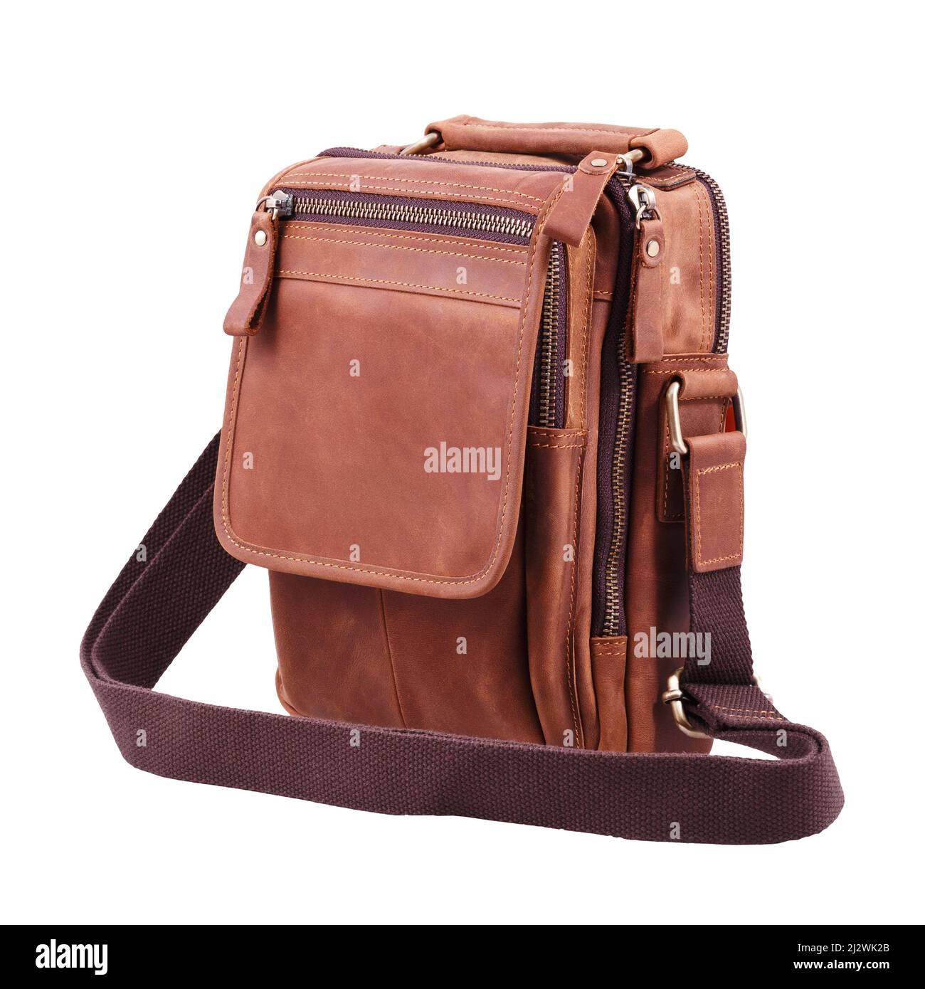 Brown leather document bag with shoulder strap isolated on white background Stock Photo
