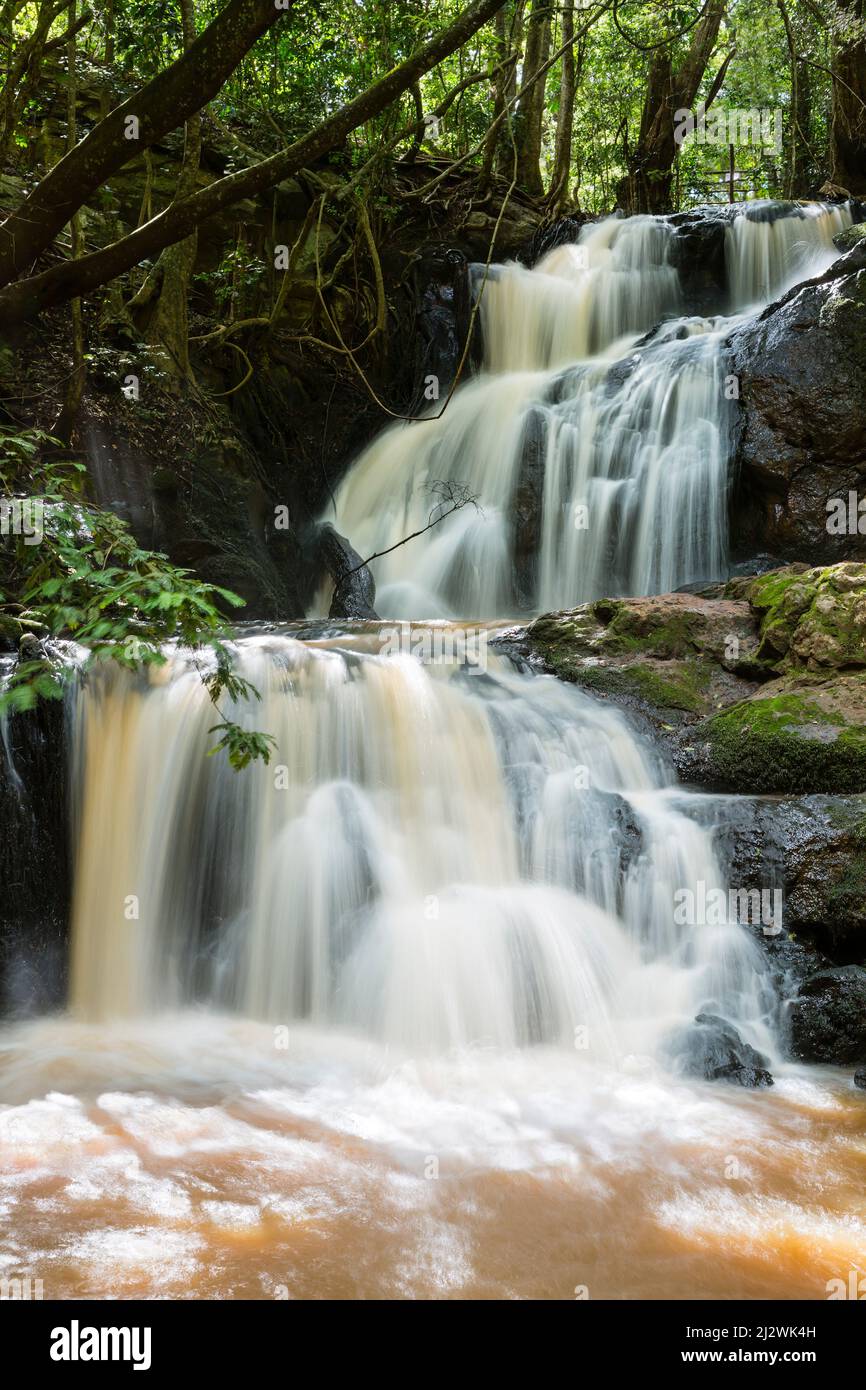 Long exposure front view of the biggest waterfall of the Nairobi River in Karura Forest, Nairobi, Kenya. Stock Photo