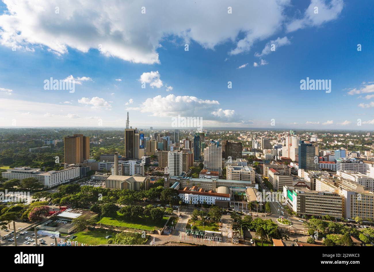 Nairobi, Kenya - December 23: View over the north-western part of the business district of Nairobi, Kenya, with the Teleposta Tower to the left and th Stock Photo