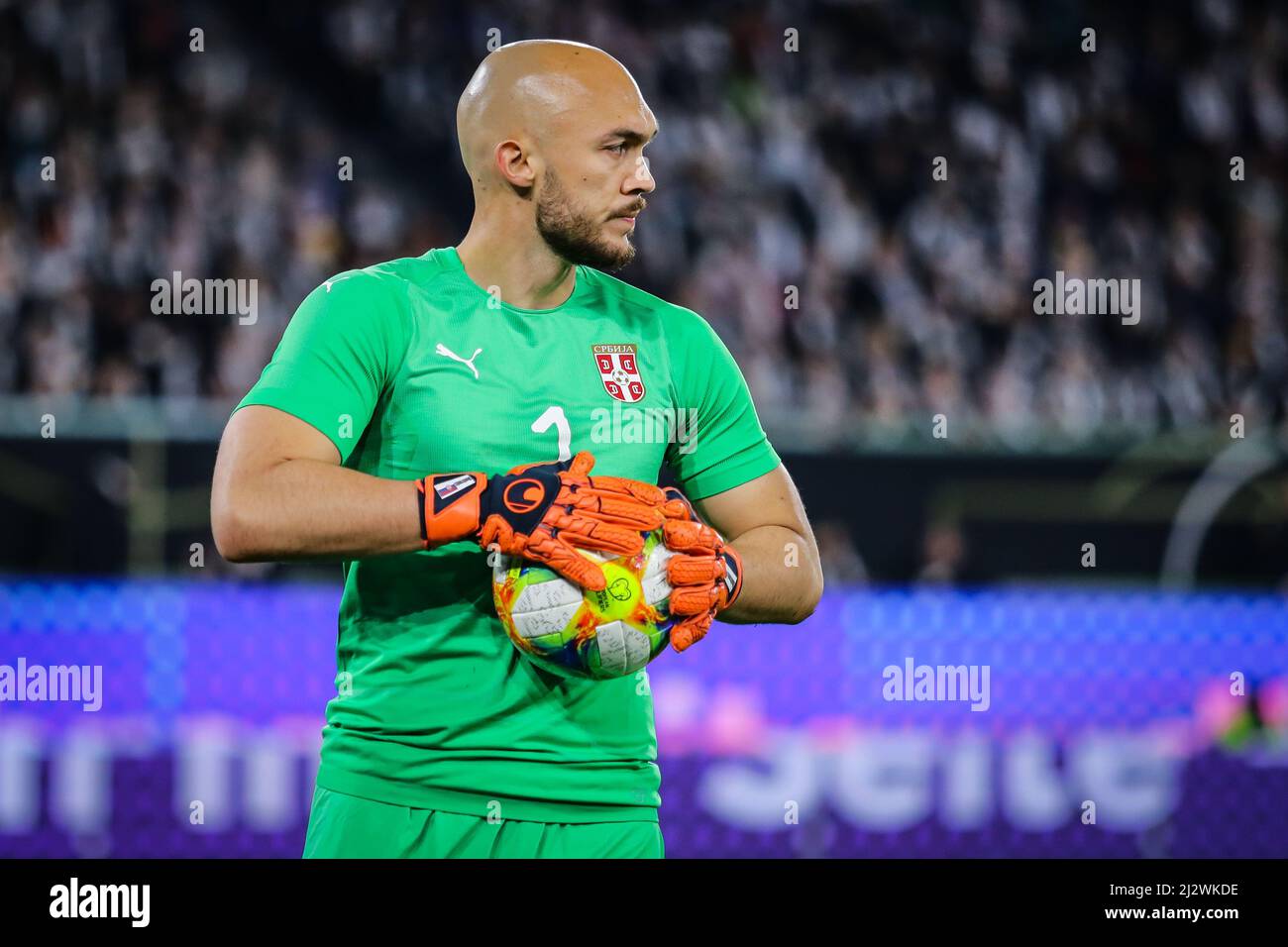 Wolfsburg, Germany, March 20, 2019: portrait of Serbian goalkeeper Marko Dmitrovic during the international friendly game between Germany and Serbia Stock Photo