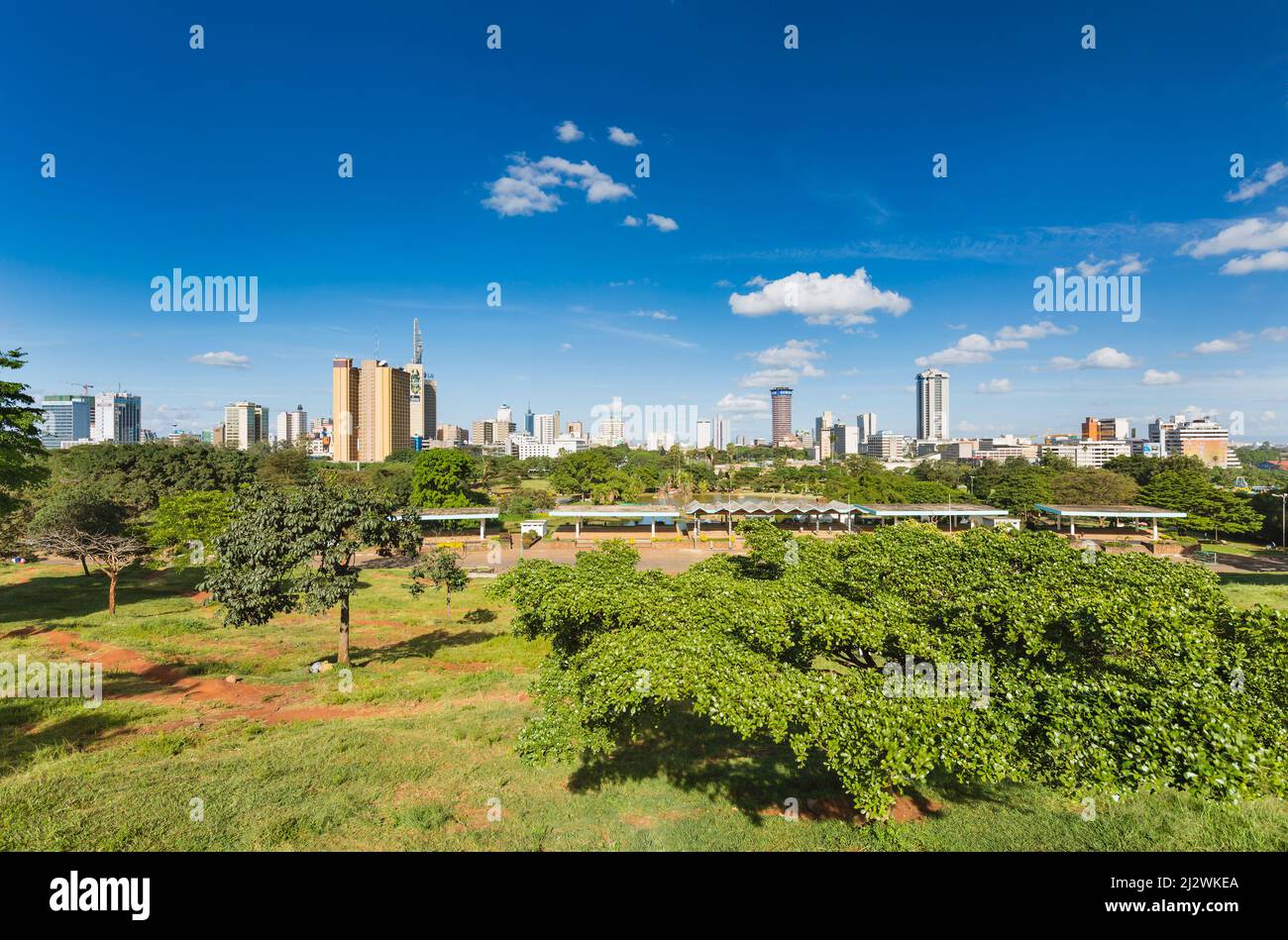 NAIROBI - DECEMBER 24: View of the skyline of Nairobi, Kenya with Uhuru Park in the foreground on December 24, 2015 Stock Photo