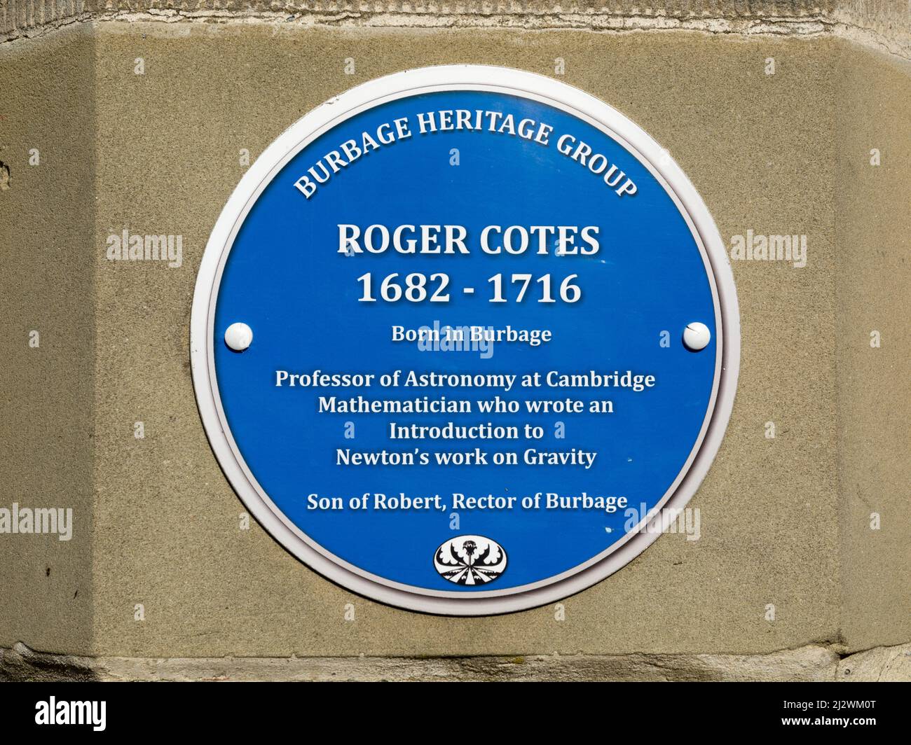 Roger Cotes blue plaque, Burbage, Leicestershire, England, UK Stock