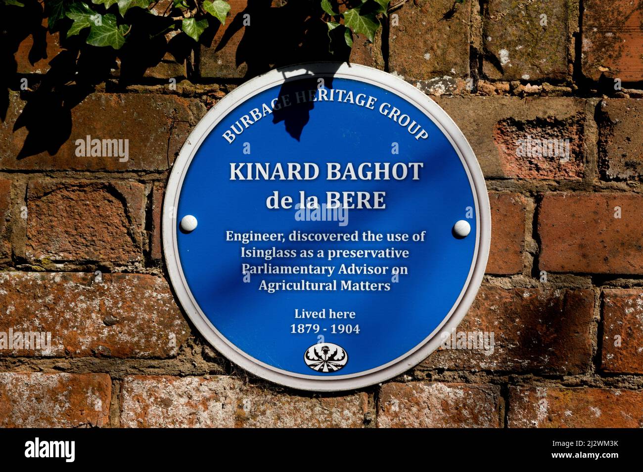Kinard Baghot de la Bere blue plaque, Burbage, Leicestershire, England