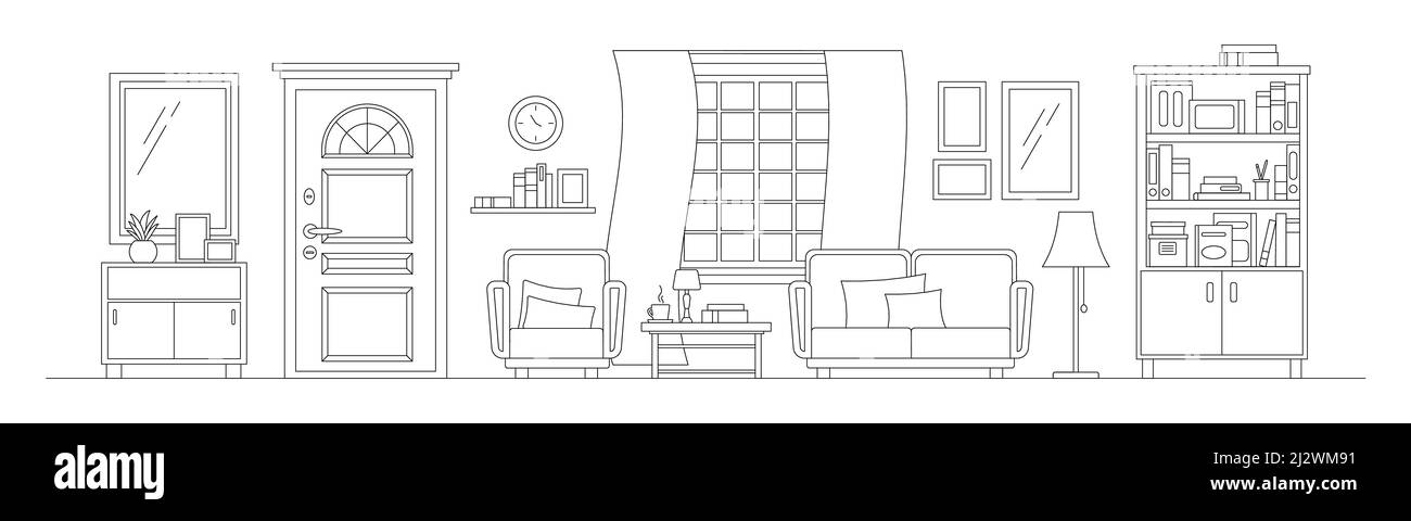 Cozy hall way living room with furniture line art interior scene ...