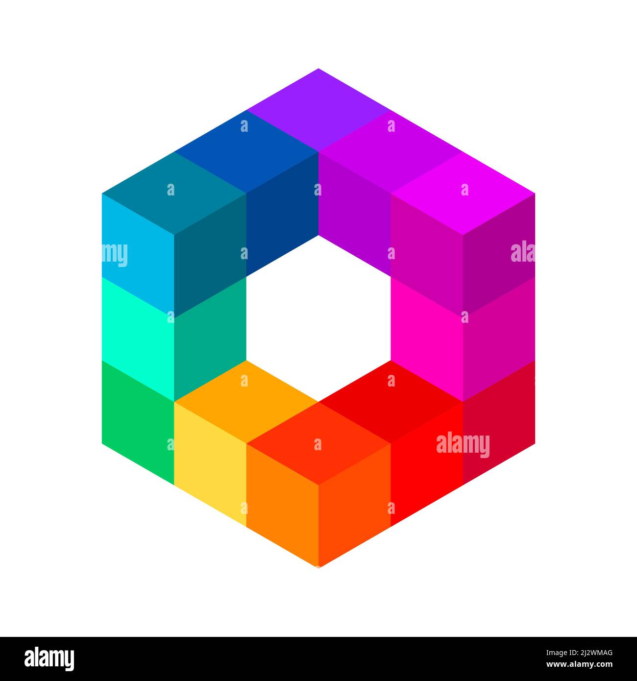 Colorful 3D cube made of small cubes. Rainbow cubical shape. Place for