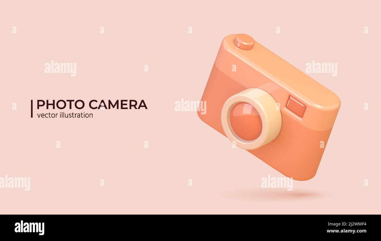 3D icon of Photo camera in trendy color with lens and button. Realistic vector illustration in cartoon minimal style. Stock Vector