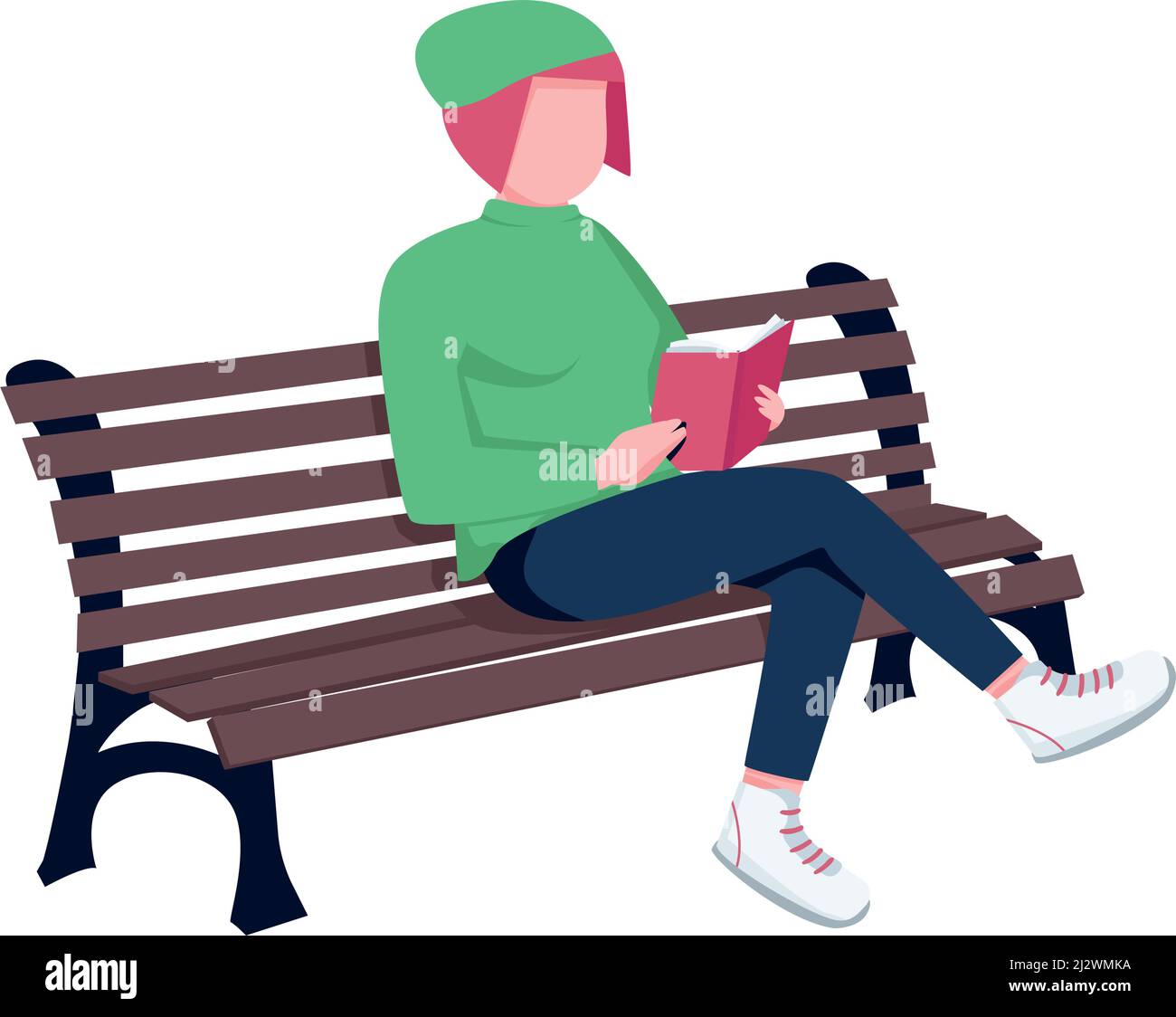 Young woman reading book on bench semi flat color vector character ...