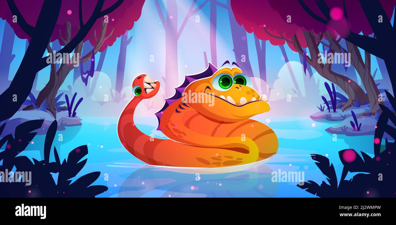 Cute dragon, funny orange monster in swamp. Vector cartoon fairy tale illustration of jungle landscape and fantastic alien animal, magic creature with teeth on tail Stock Vector