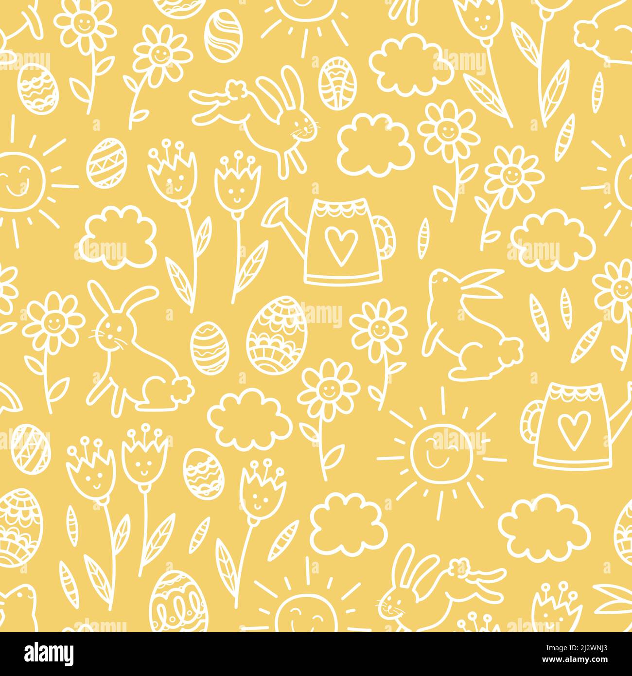 Cute hand drawn Easter seamless pattern with bunnies, eggs, clouds and ...