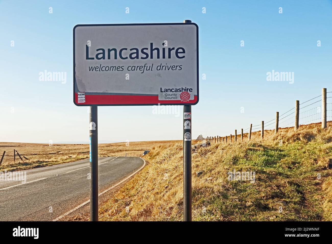 Lancashire county sign at side of road Stock Photo