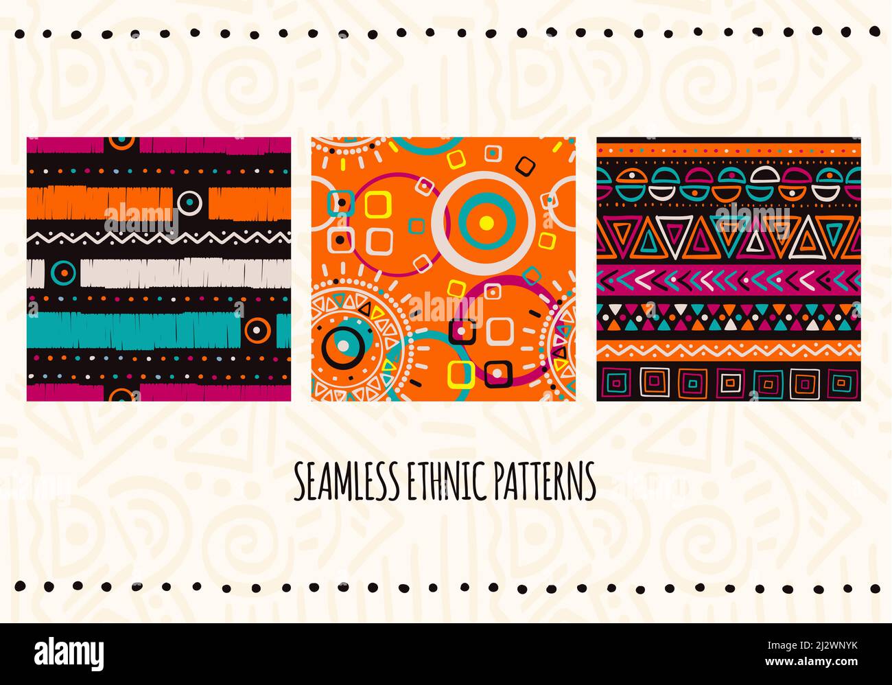 Set of seamless patterns with tribal ornaments of red, yellow, blue and brown colors. Endless texture can be used for pattern fills, web page backgrou Stock Vector