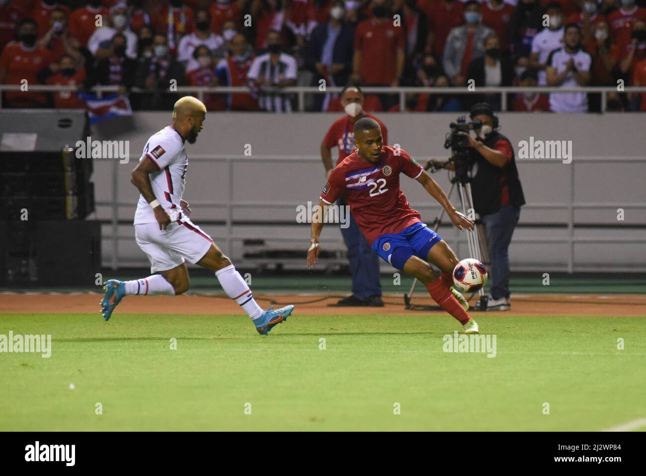 SAN JOSE, Costa Rica: USA player Deandre Yedlin (L) and Costarican player Ian Lawrence (R) in action during the 2-0 Costa Rica victory over USA in the Stock Photo