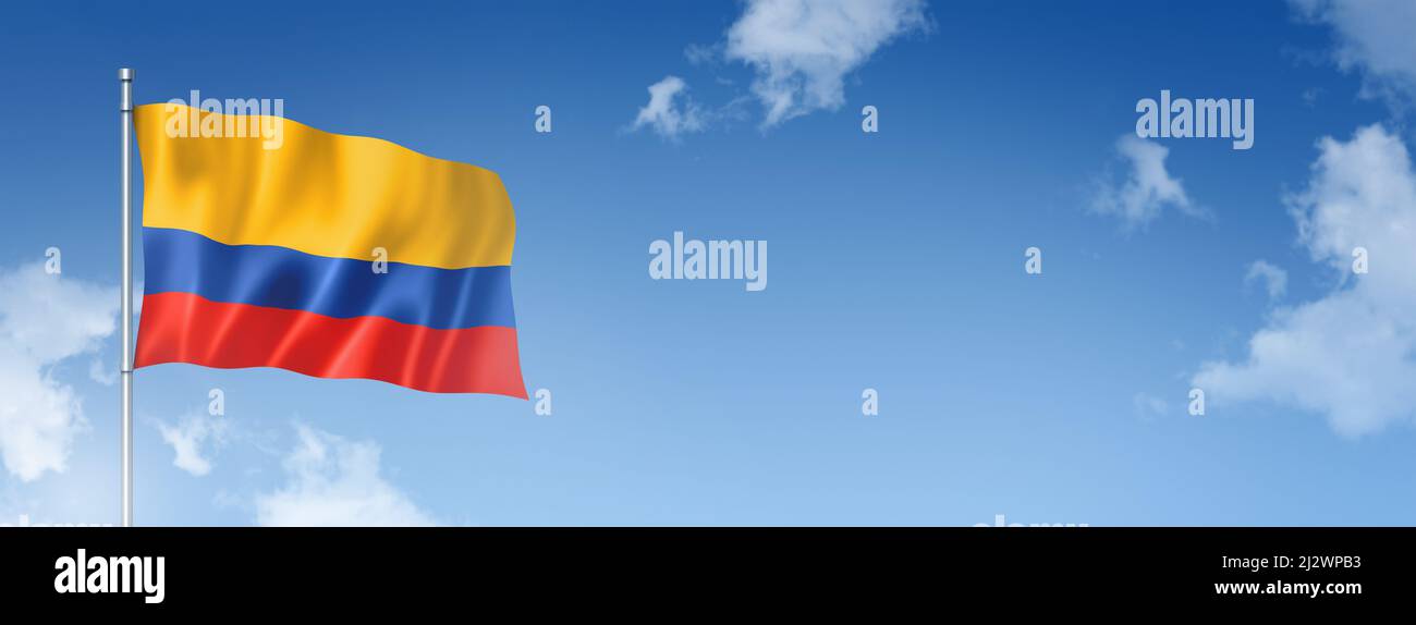 Colombia flag, three dimensional render, isolated on a blue sky. Horizontal banner. 3D illustration Stock Photo