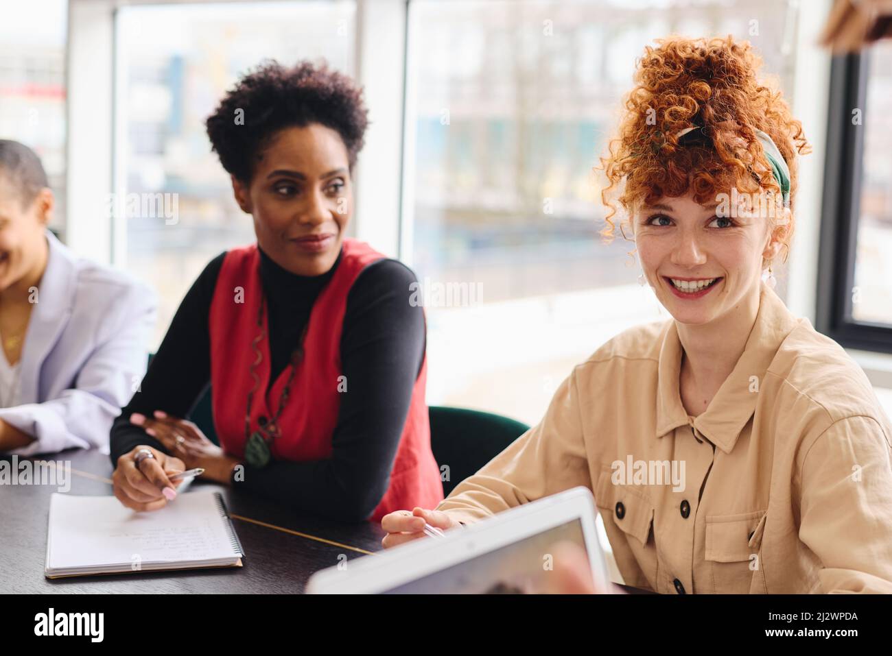 Portrait of cheerful young white businesswoman and mature black female colleague smiling in meeting Stock Photo