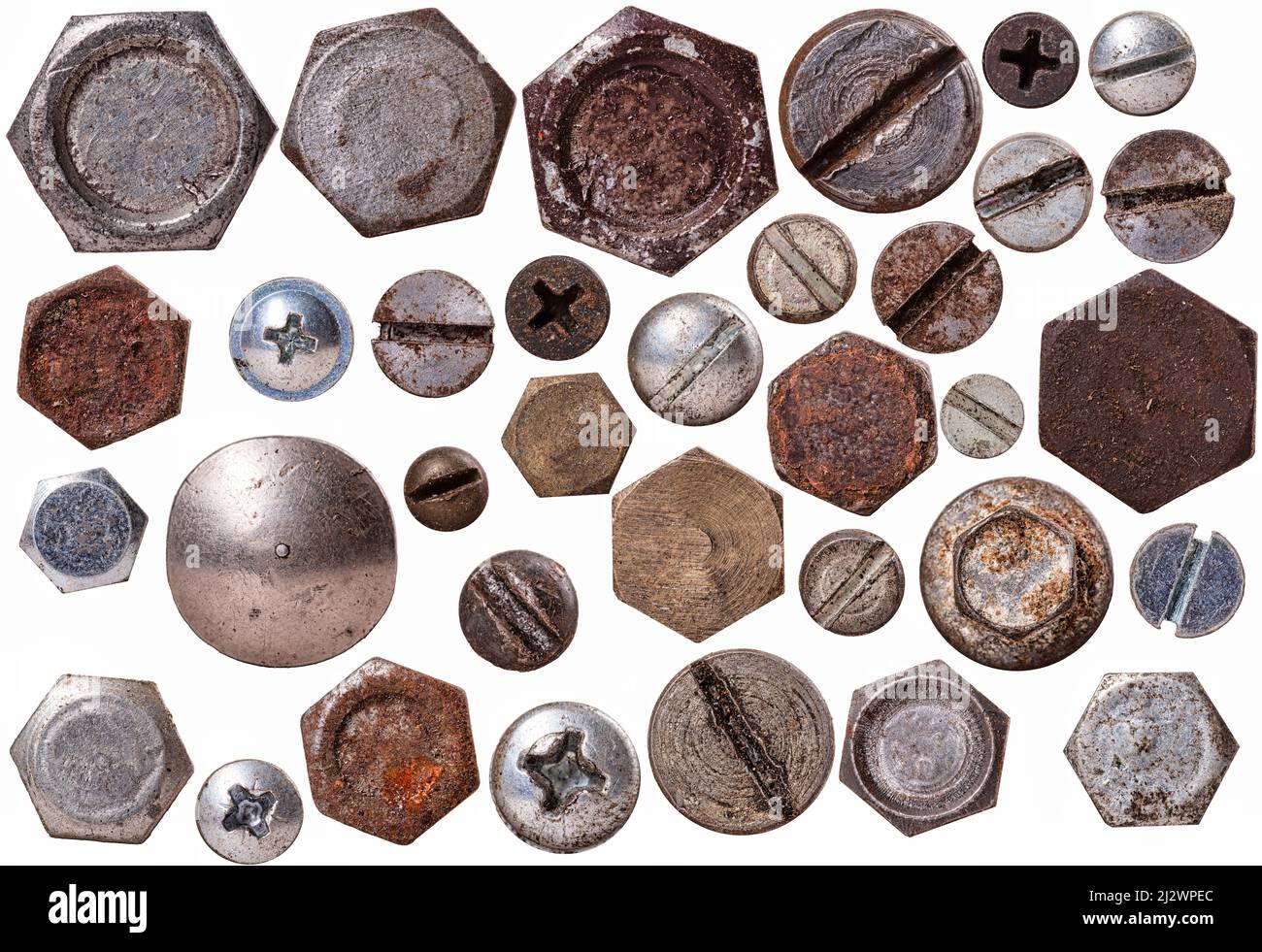 Screw heads used in a locksmith's shop. Isolated background Stock Photo