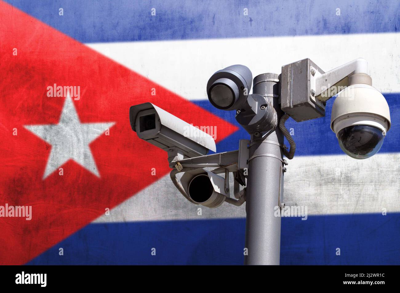 Closed circuit camera Multi-angle CCTV system against the background of the national flag of Cuba. Stock Photo
