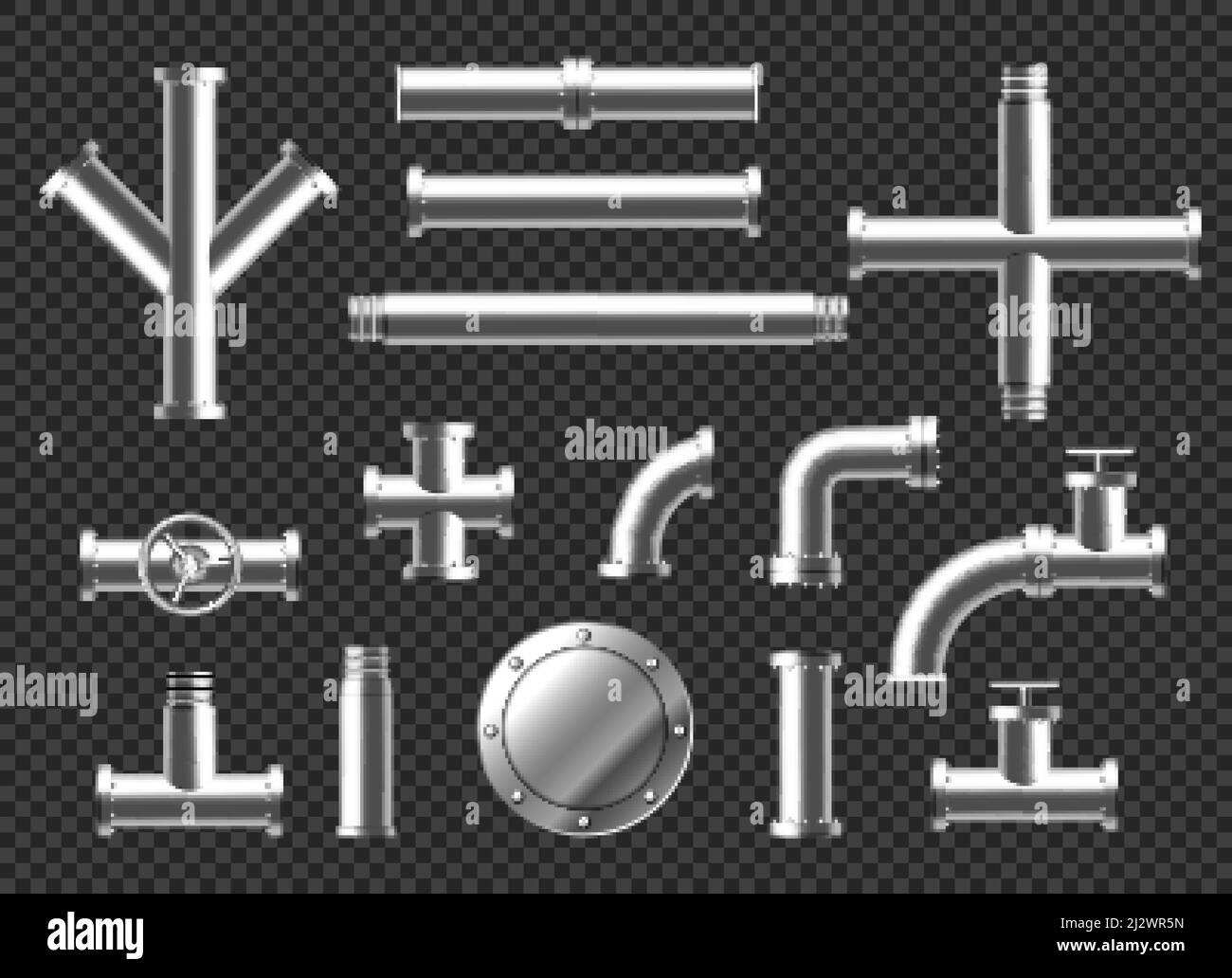 Pipes and tubes plumbing fittings realistic 3d vector set. Metal or plastic pipeline with valves, thread and faucets. Stainless steel metallic ramifie Stock Vector