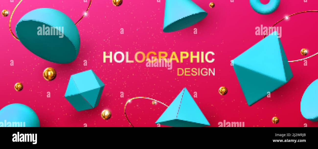 Holographic background with 3d geometric shapes, golden balls, rings ...