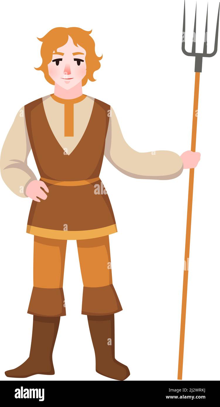 Peasant man with pitchfork. Ancient farmer. Medieval character Stock