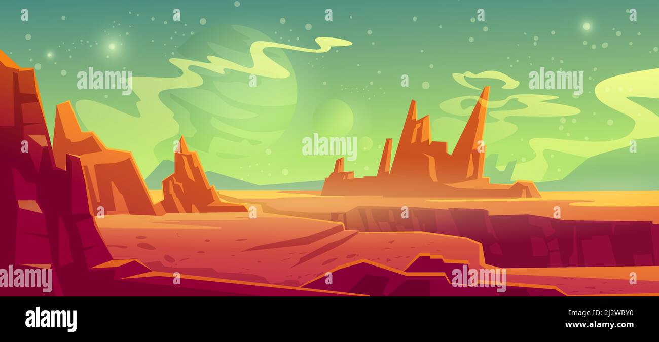 Mars landscape, red alien planet background, desert surface with mountains, rocks, deep cleft and stars shine on green sky. Martian extraterrestrial c Stock Vector