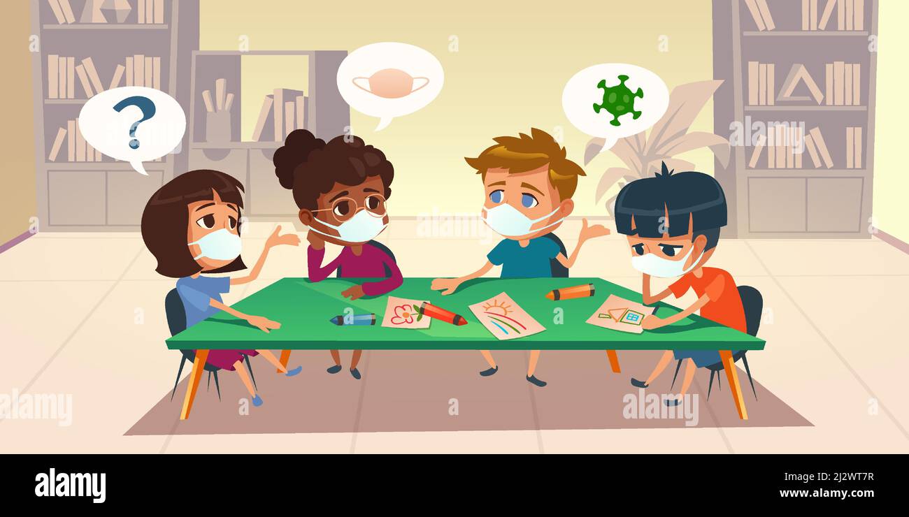Kids in masks at school or kindergarten during coronavirus epidemic ...