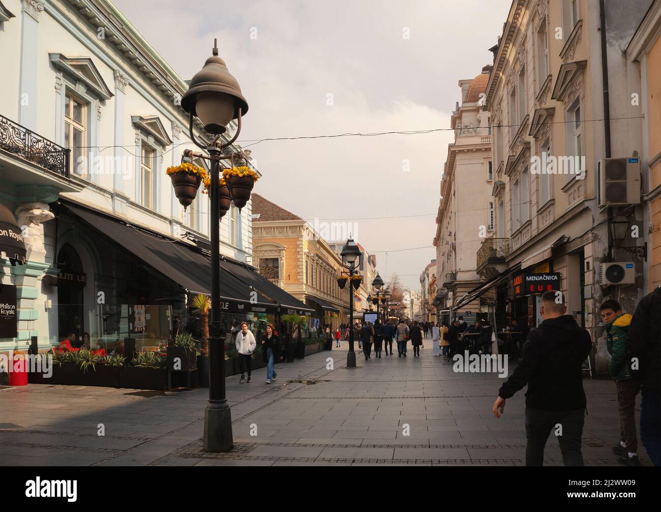 Belgrade, Serbia - April 02, 2022: Knez Mihailova Street, main touristic place in Belgrade, beautiful sidewalks with lot of restaurants and Serbian cu Stock Photo