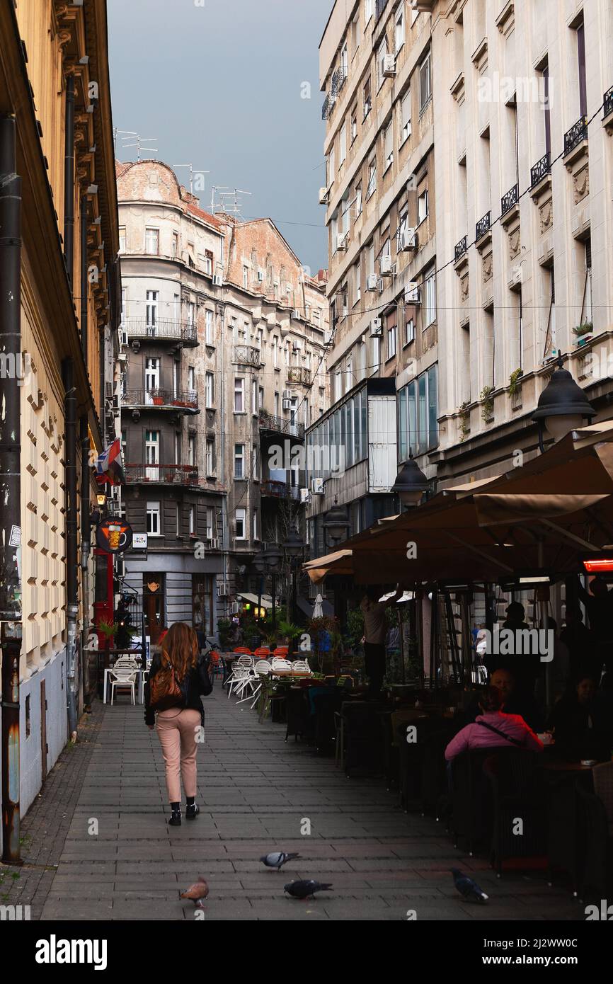 Belgrade, Serbia - April 02, 2022: Knez Mihailova Street, main touristic place in Belgrade, beautiful sidewalks with lot of restaurants and Serbian cu Stock Photo