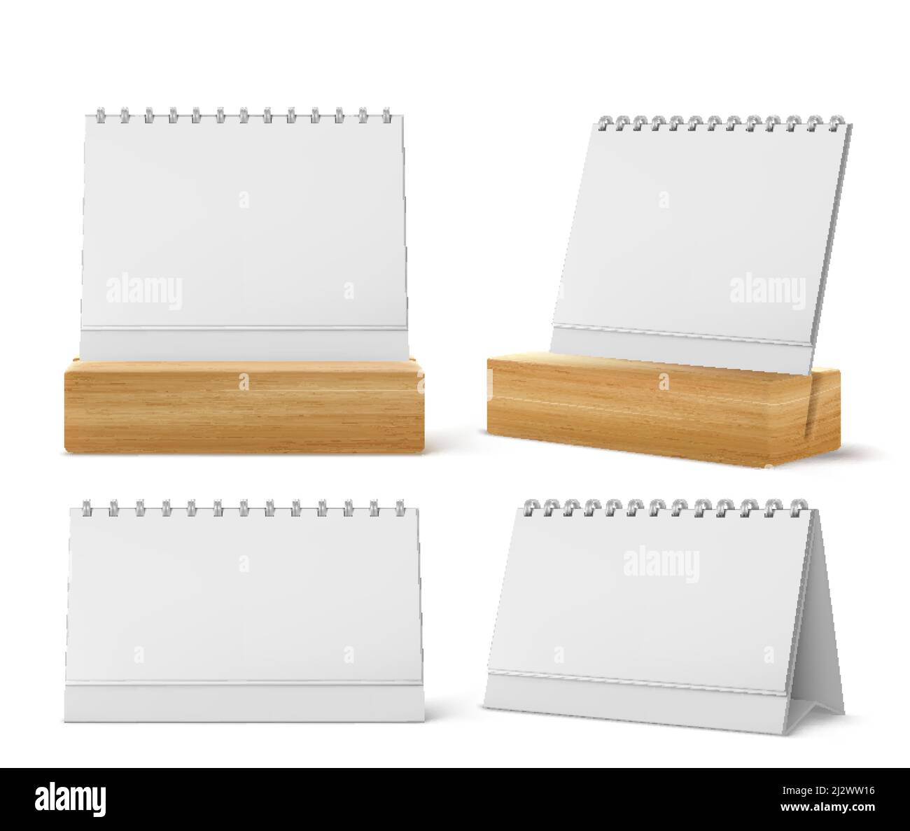 Desktop calendars with metal spiral and blank pages isolated on white