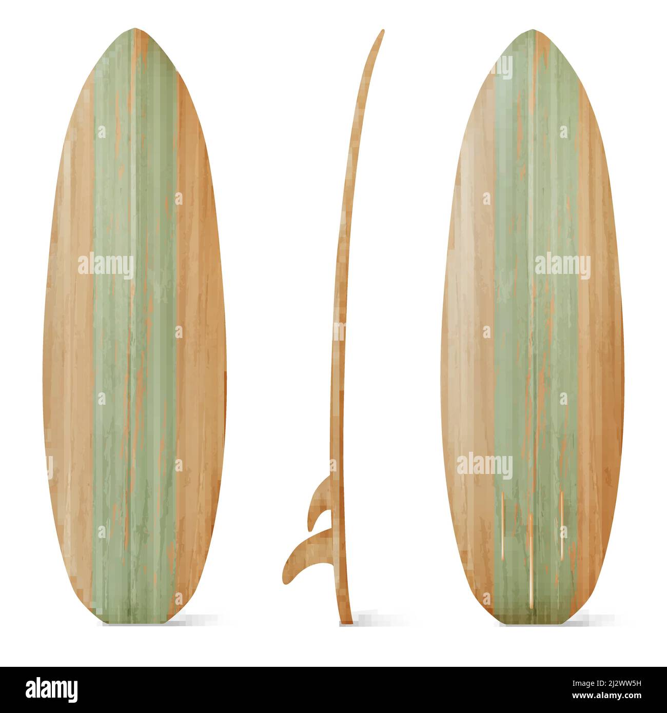 Wooden surfboard front, side and back view. Vector realistic mockup of