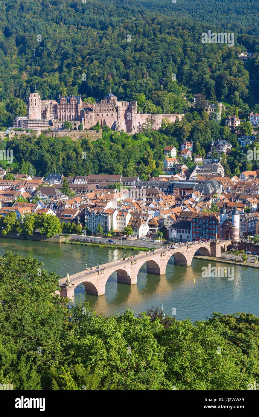 Heidelberg, view from the Philosophenweg on the old town with the castle, Heiliggeistkirche and the Old Bridge over the Neckar Stock Photo