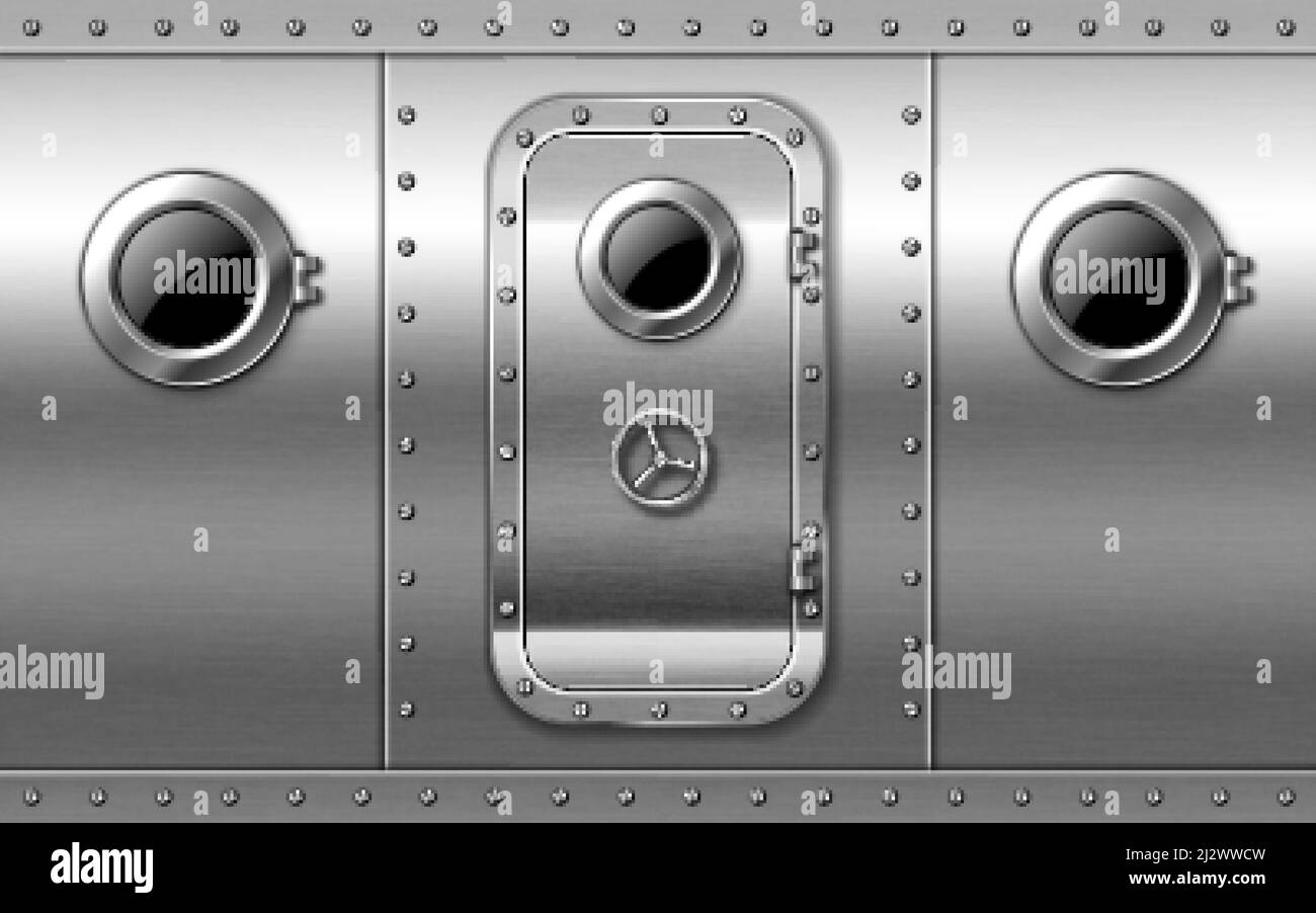Metal door on wall with portholes and rivets, submarine or bunker close entrance. Ship or secret laboratory steel bulletproof doorway with illuminator Stock Vector