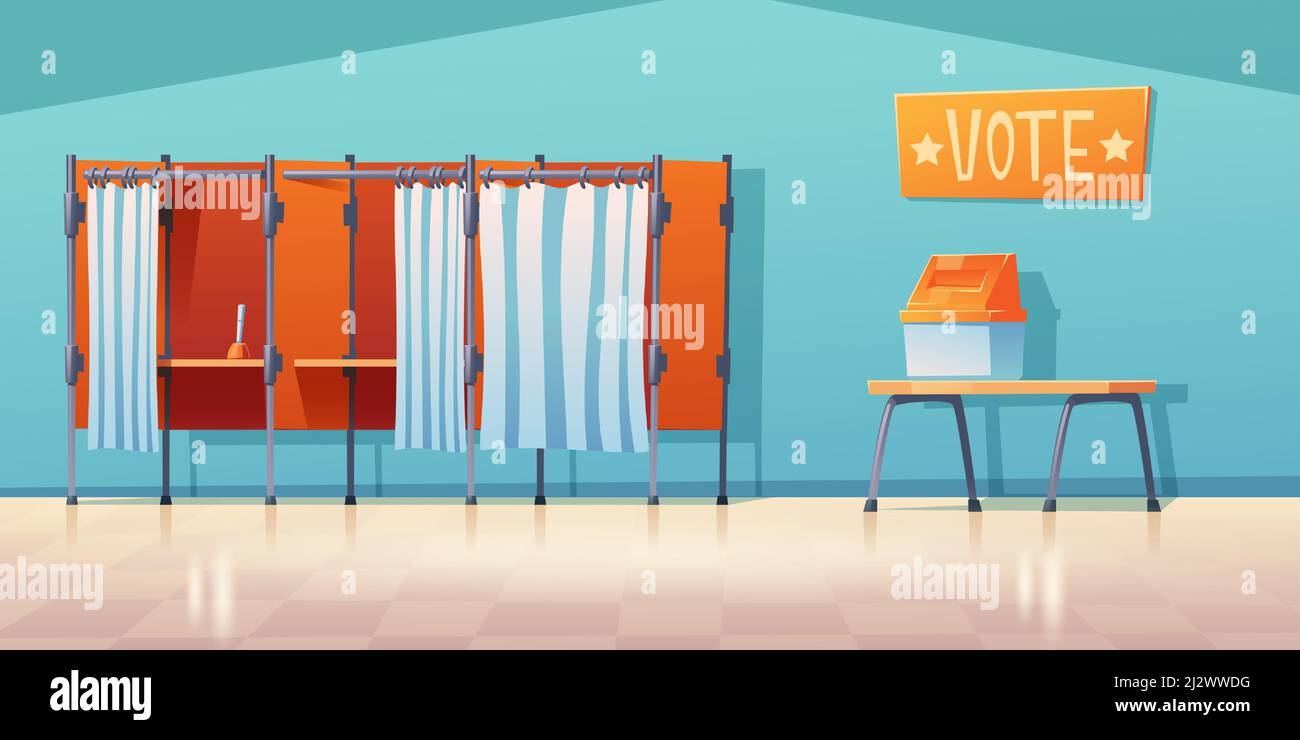 Polling station empty interior, separated voting booths with close and open curtains and pen on desk. Poll, presidential election concept. Place for c Stock Vector