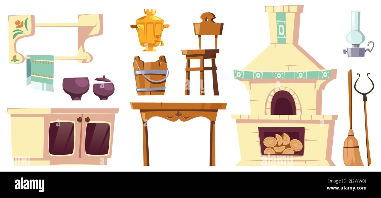 Old furniture of rural russian kitchen with oven, samovar, table, chair and grip. Vector cartoon interior set of traditional ukrainian ancient house w Stock Vector