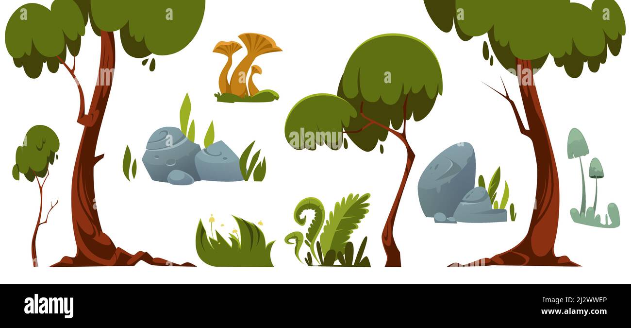 Forest landscape elements, trees, green grass, stones and mushroom. Vector cartoon set of summer garden or park objects, foliage plants and rocks isol Stock Vector