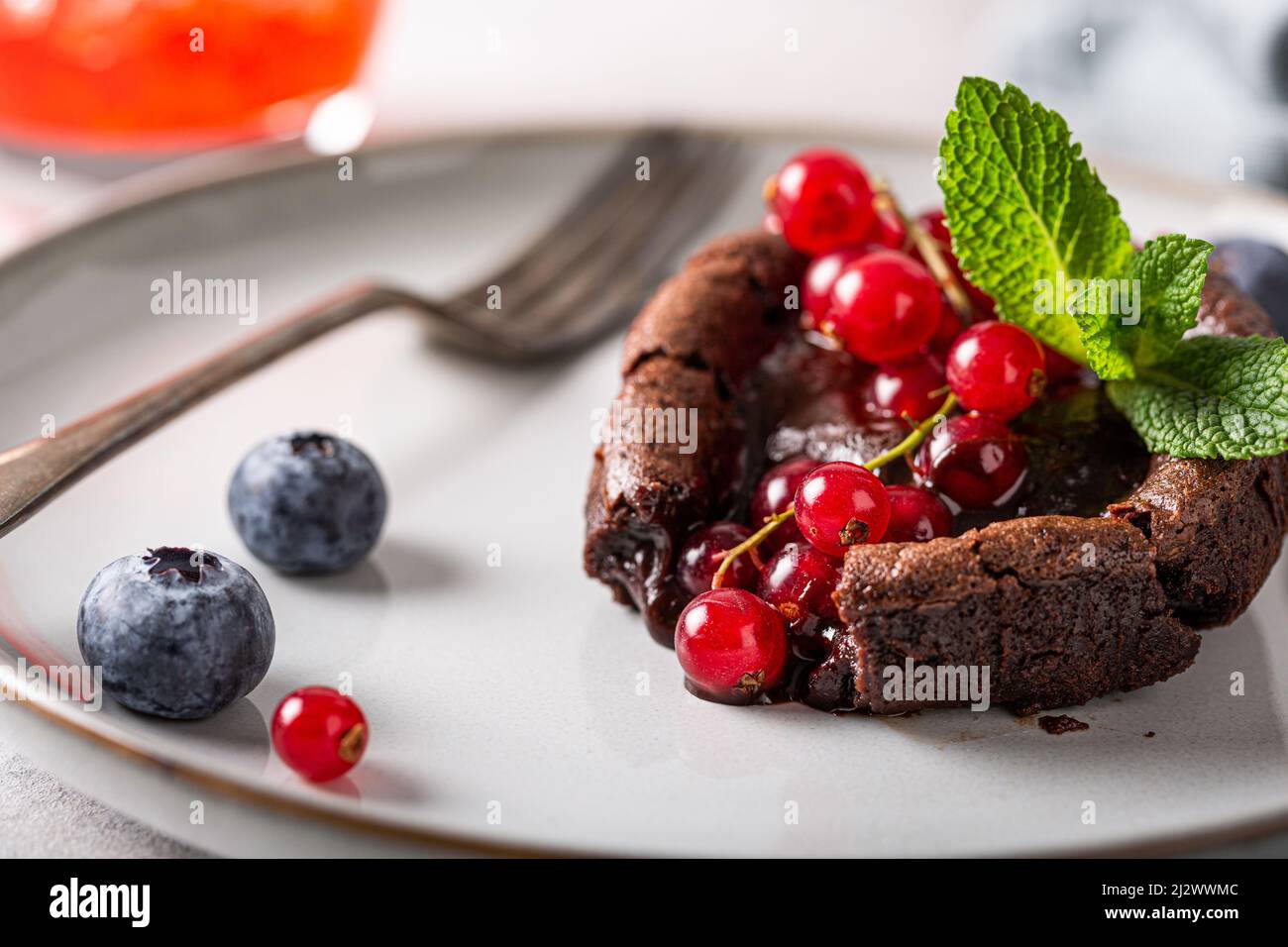 Hot chocolate pudding with fondant centre Stock Photo
