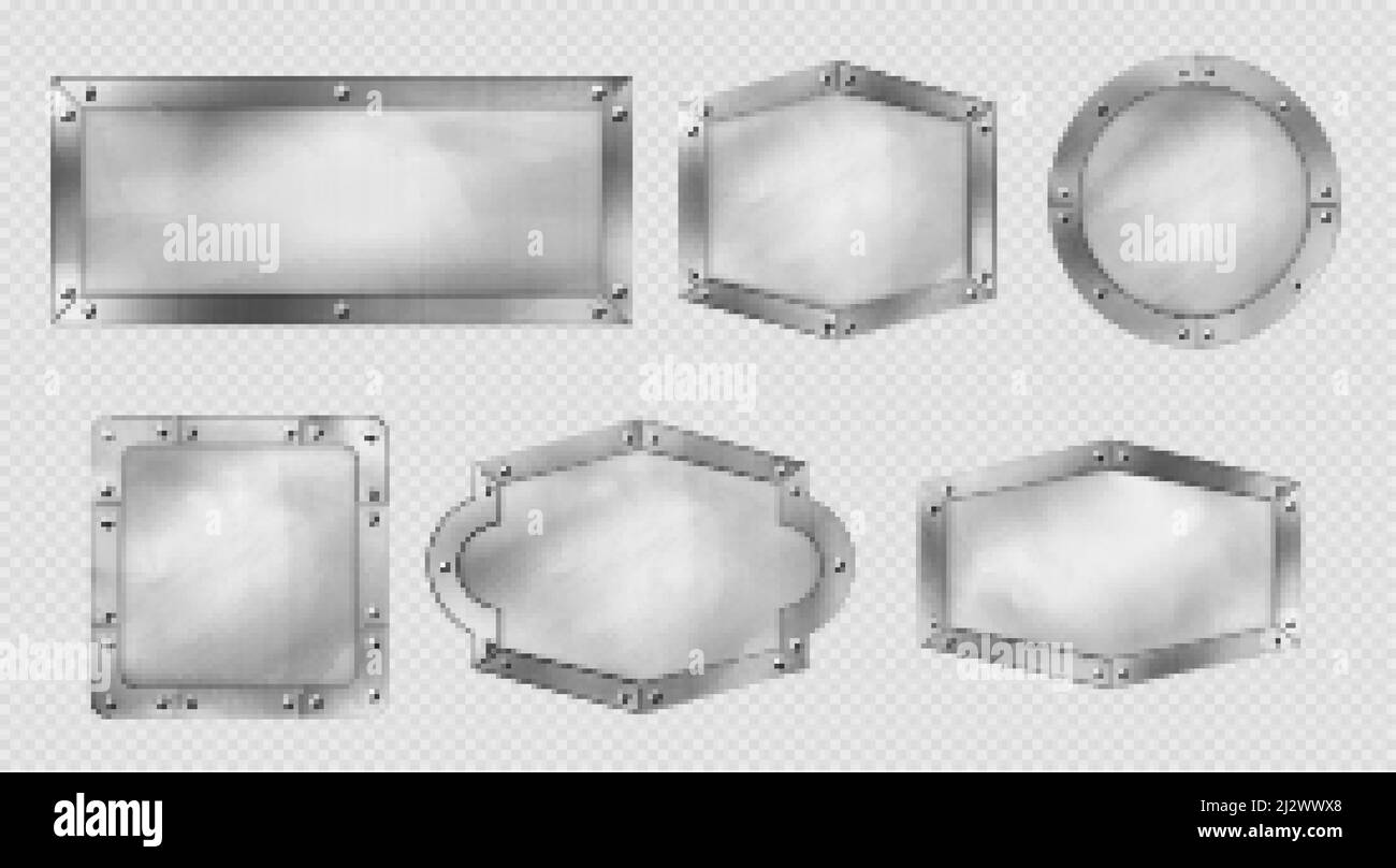 Metal signs, steel or silver plates with rivets and frames. Realistic