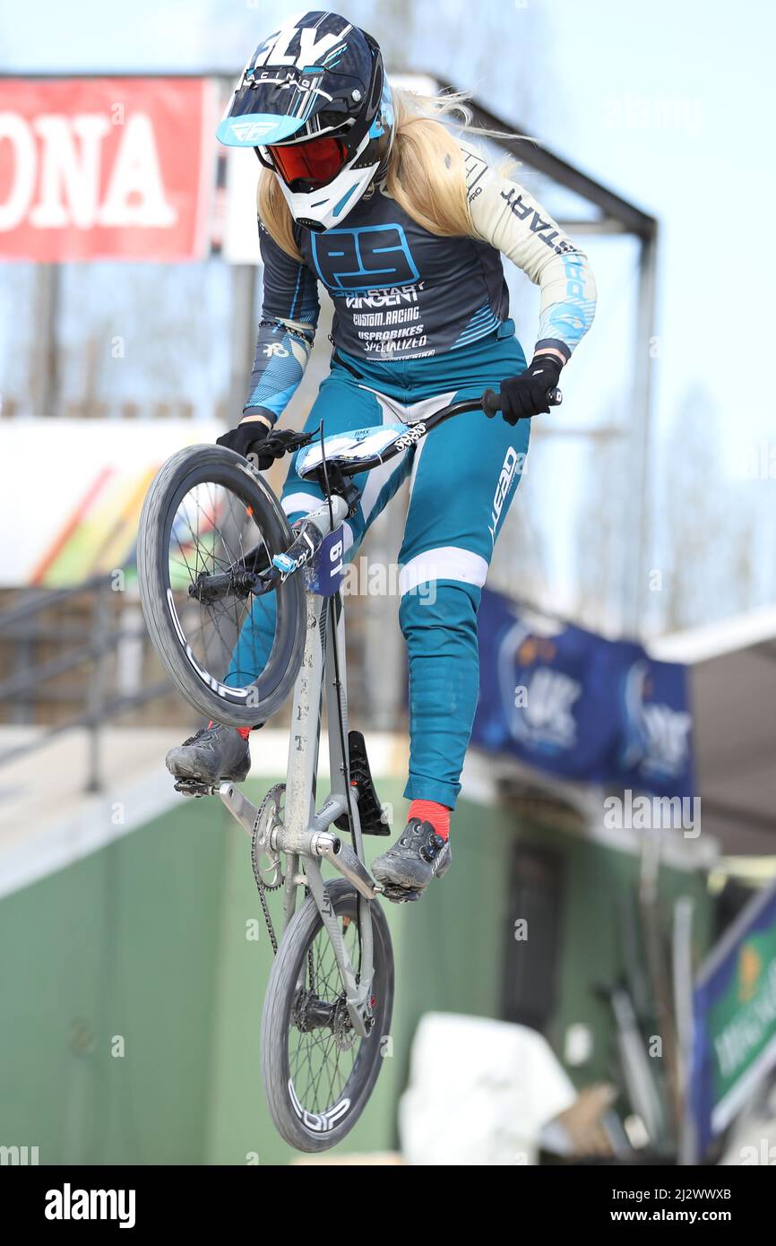 April 3, 2022, Verona, Veneto, Italy: MANON VEENSTRA of Netherlands races  in the BMX Racing Elite of the UEC European Cup at the BMX Olympic Arena on  April 3rd 2022 in Verona,
