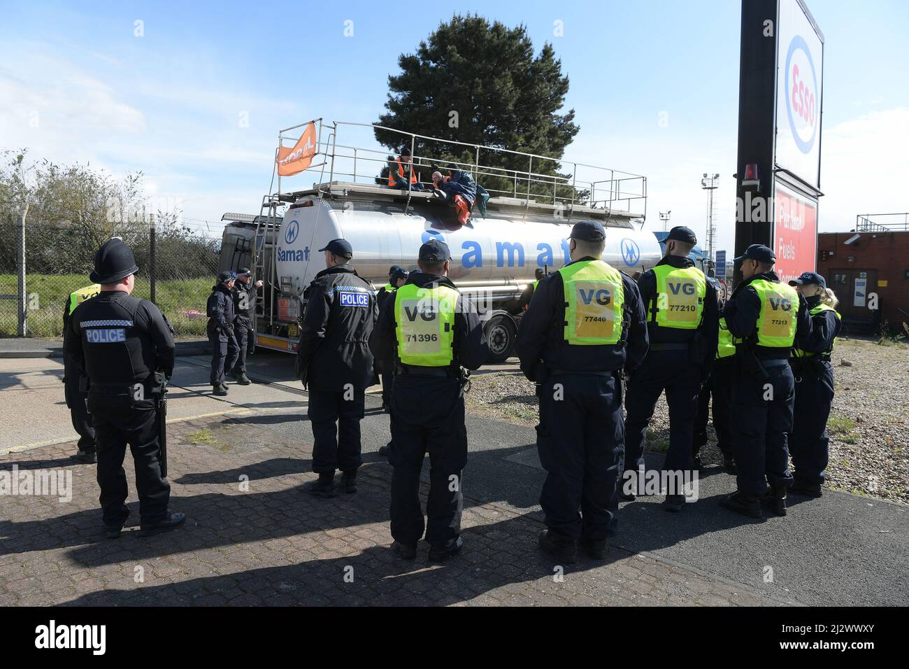 Just Stop Oil protest at the Esso fuel terminal in Purfleet Essex UK Stock Photo