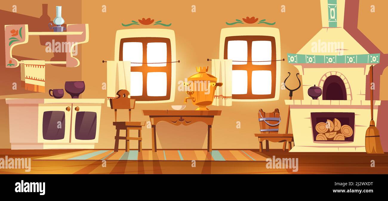 Old rural russian kitchen oven, samovar, table, chair and grip. Vector cartoon interior of traditional ukrainian ancient house with stove, wooden furn Stock Vector