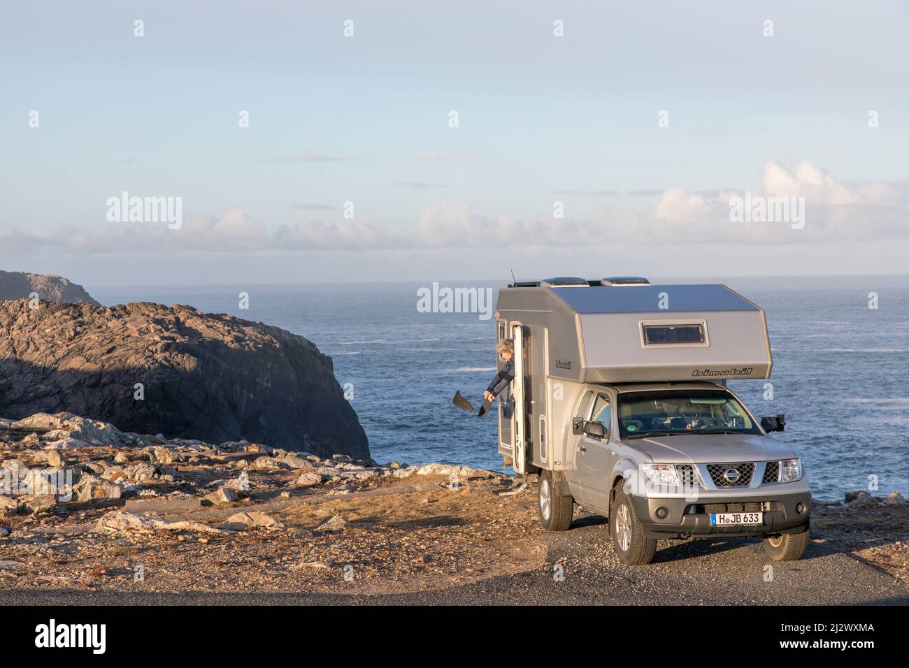 Campervan, motorhome travel, four wheel drive bimobile, parking space on Lewis Isle, Hebrides, Scotland UK Stock Photo