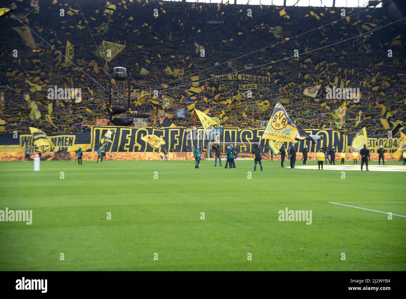 Fans on the Dortmunder Suedtribuene, choreography, yellow wall, soccer 1st Bundesliga, 28th matchday, Borussia Dortmund (DO) - RB Leipzig (L) 1: 4, on April 2nd, 2022 in Dortmund/ Germany. #DFL regulations prohibit any use of photographs as image sequences and/or quasi-video # ÃÂ Stock Photo
