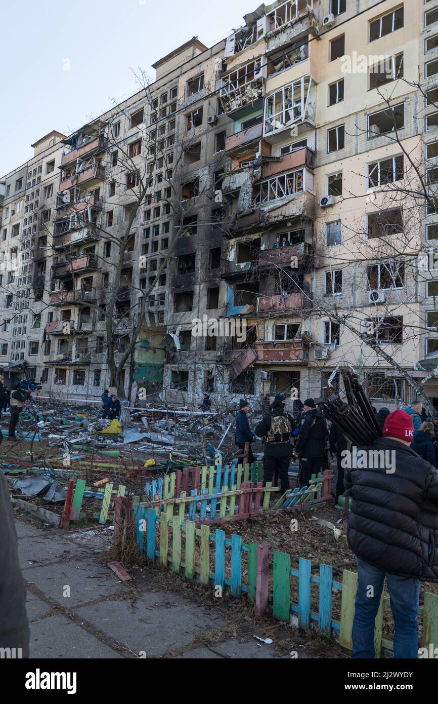 Kiev, Ukraine - March 14, 2022: Destruction of an apartment building in Kyiv, Ukraine. The result of the war between Russia and Ukraine Stock Photo
