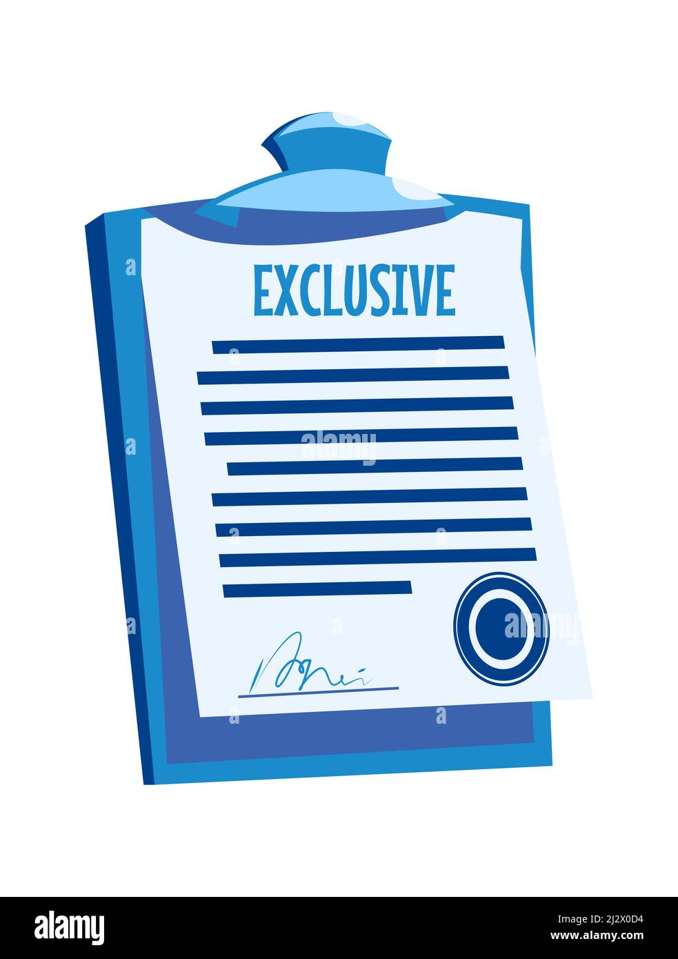 Clipboard with paper document, signature agreement with seal, cartoon vector illustration isolated on white Stock Vector