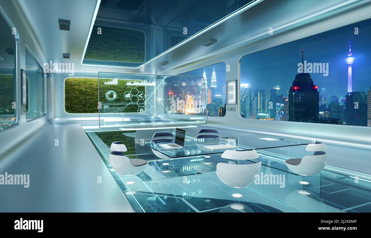 Futuristic interior office design with green wall plant and beautiful ...