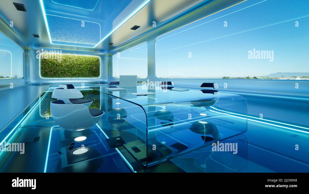 Modern futuristic interior office design with green wall plant. 3d ...