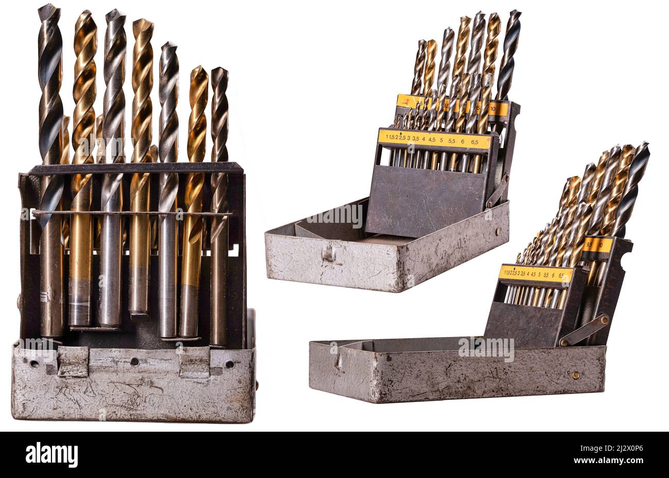HSS drills placed in a metal box used to make holes in the metal. Isolated background. Stock Photo