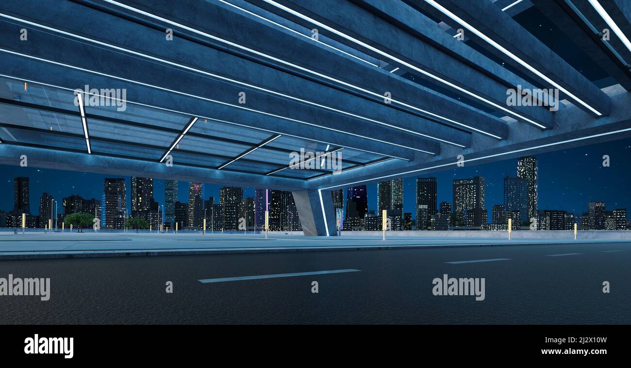 Roadside street view with modern rooftop building with cityscape scene ...