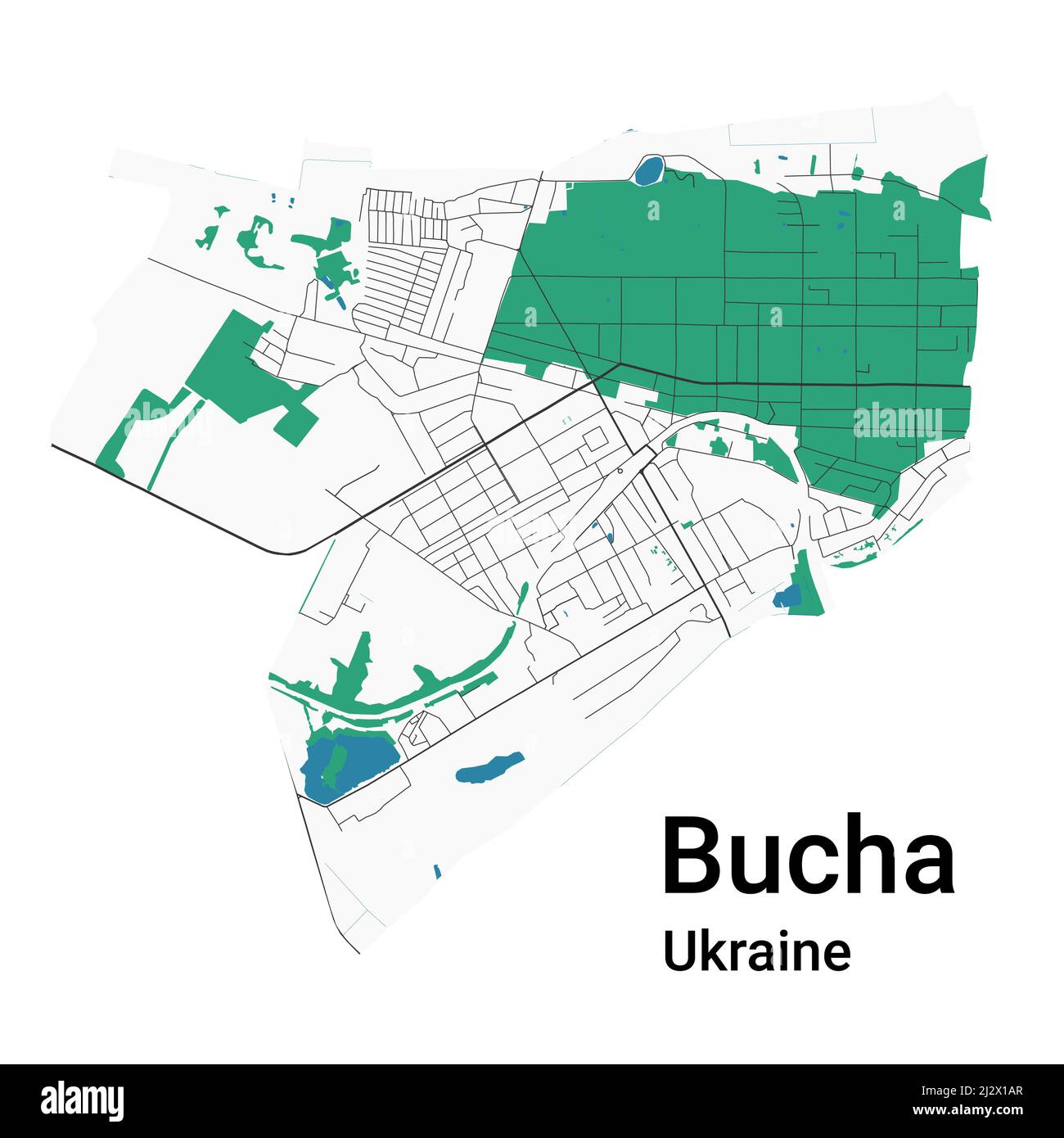 Bucha vector map. Detailed map of Bucha city administrative area. Cityscape panorama. Royalty free vector illustration. Road map with highways, rivers Stock Vector