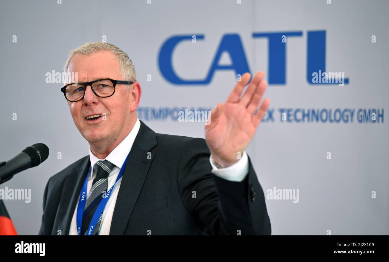 Arnstadt, Germany. 04th Apr, 2022. Matthias Zentgraf, European head of CATL,  speaks at an event at the Contemporary Amperex Technology Thuringia GmbH ( CATL) battery cell factory. Chinese battery manufacturer CATL will ramp