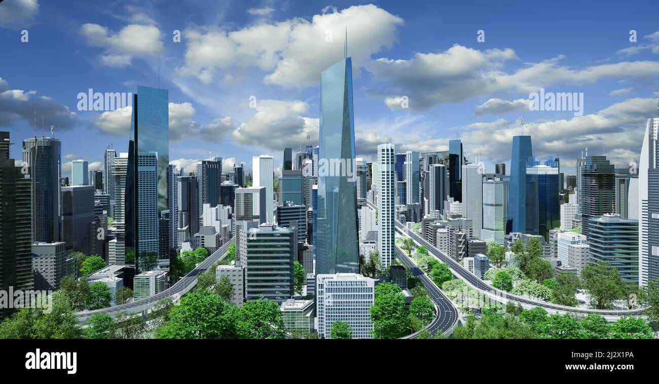 Virtual design modern cityscape skyline with curvy highway road at beautiful daytime view. 3d rendering Stock Photo